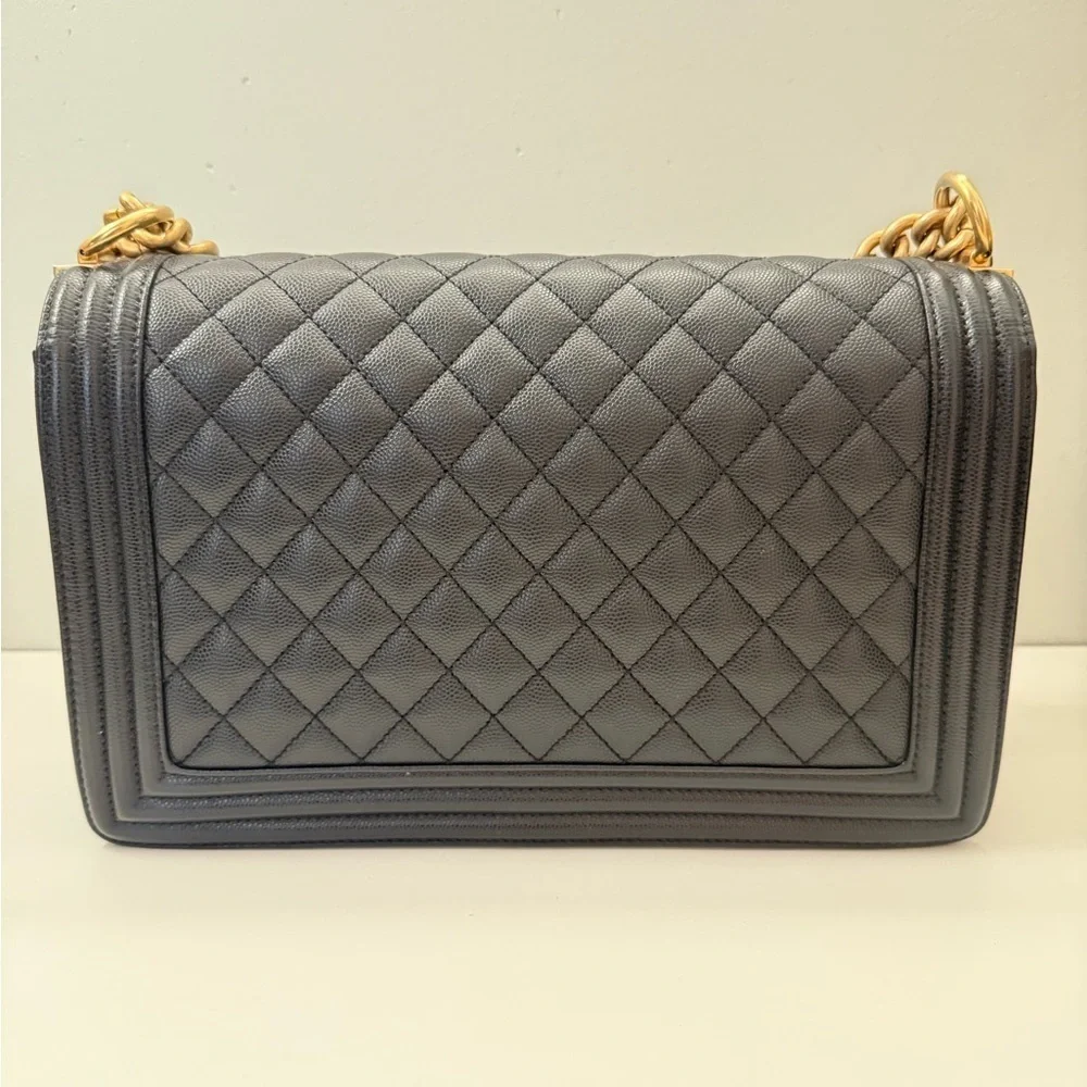 CHANEL Black Caviar Boy Bag with Aged Gold Chain and microchip